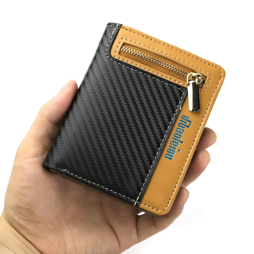 Men's Wallet Vertical Style Multi-Card Slot PU Leather Carbon Fiber Texture Zipper Coin Pocket Youth Student Wallet
