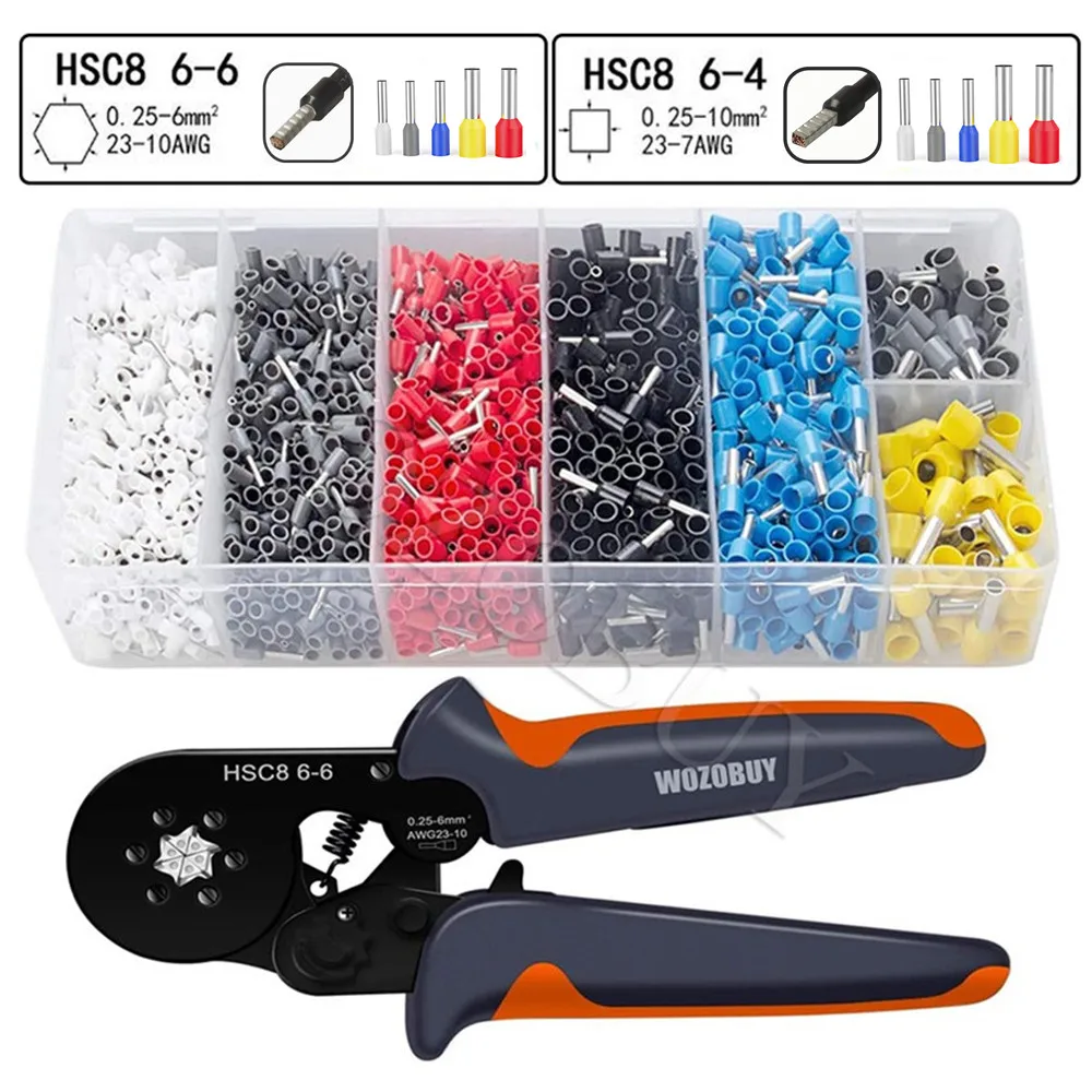 HSC8 6-6/6-4 Ferrule Crimping Tool Kit, WOZOBUY Sawtooth Self-Adjustable Ratchet Crimper Kit or Wire Terminals or Single Clamp