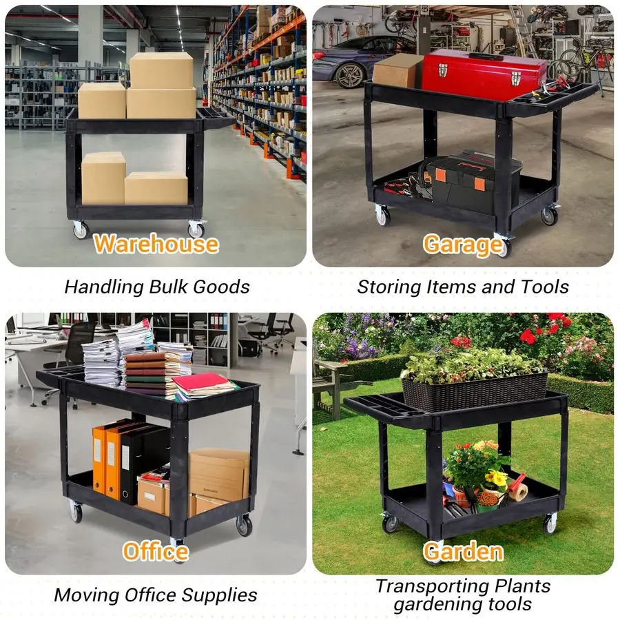 عربة خدمة PP كبيرة شديدة التحمل 45.7 × 25.6 بوصة، عربة أدوات دوارة مع عجلات دوارة 360 درجة، 550 رطل، رف كبير الحجم، تخزين Ha