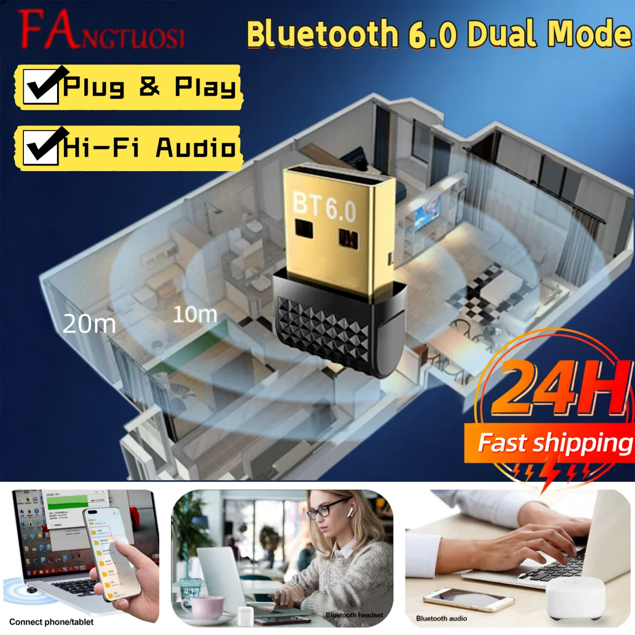 USB Bluetooth 6.0(LMP:14.5X) Transmitter Wireless Adapter Compatible with Win 11/10/8.1Laptop for Wireless Mouse Keyboard Headse