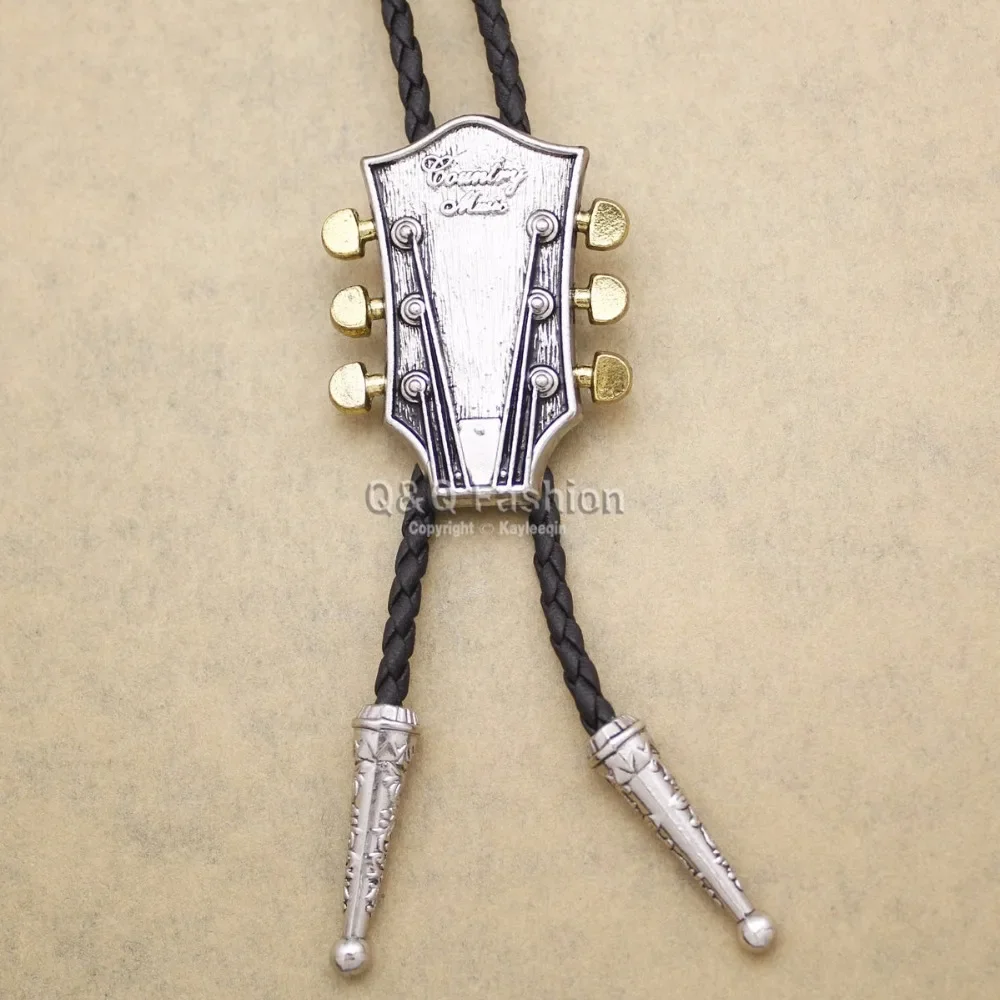 Western Cowboy Country Music Guitar Head Pendant Leather Collar Rope Rodeo Bola Bolo Bow Ties Men Necktie Fashion Jewelry Gift