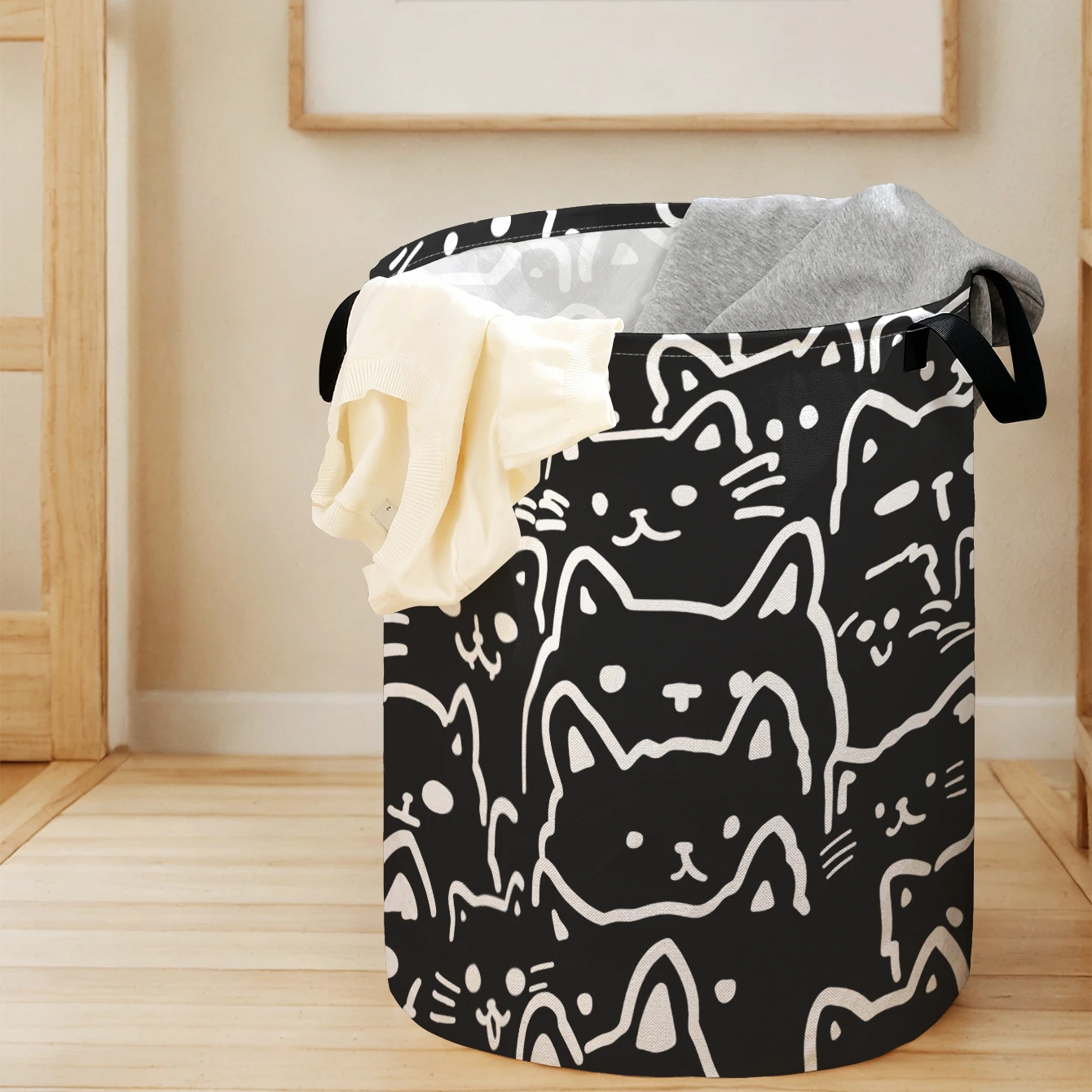Cute Cartoon Cat Doodle Print Foldable Large Capacity Storage Bucket, Children's Toy and Clothing Storage, Home Bathroom