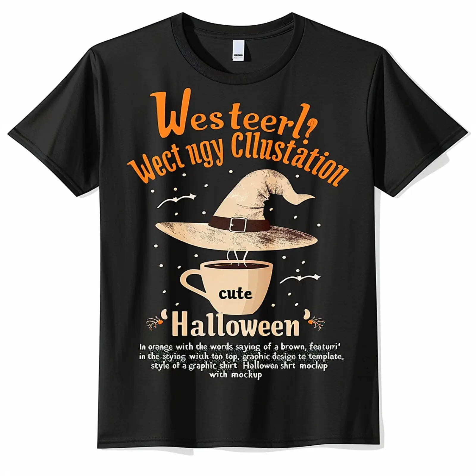 Coffee Vibes: Halloween Graphic Tee with Witch Hat & Coffee Cup Design