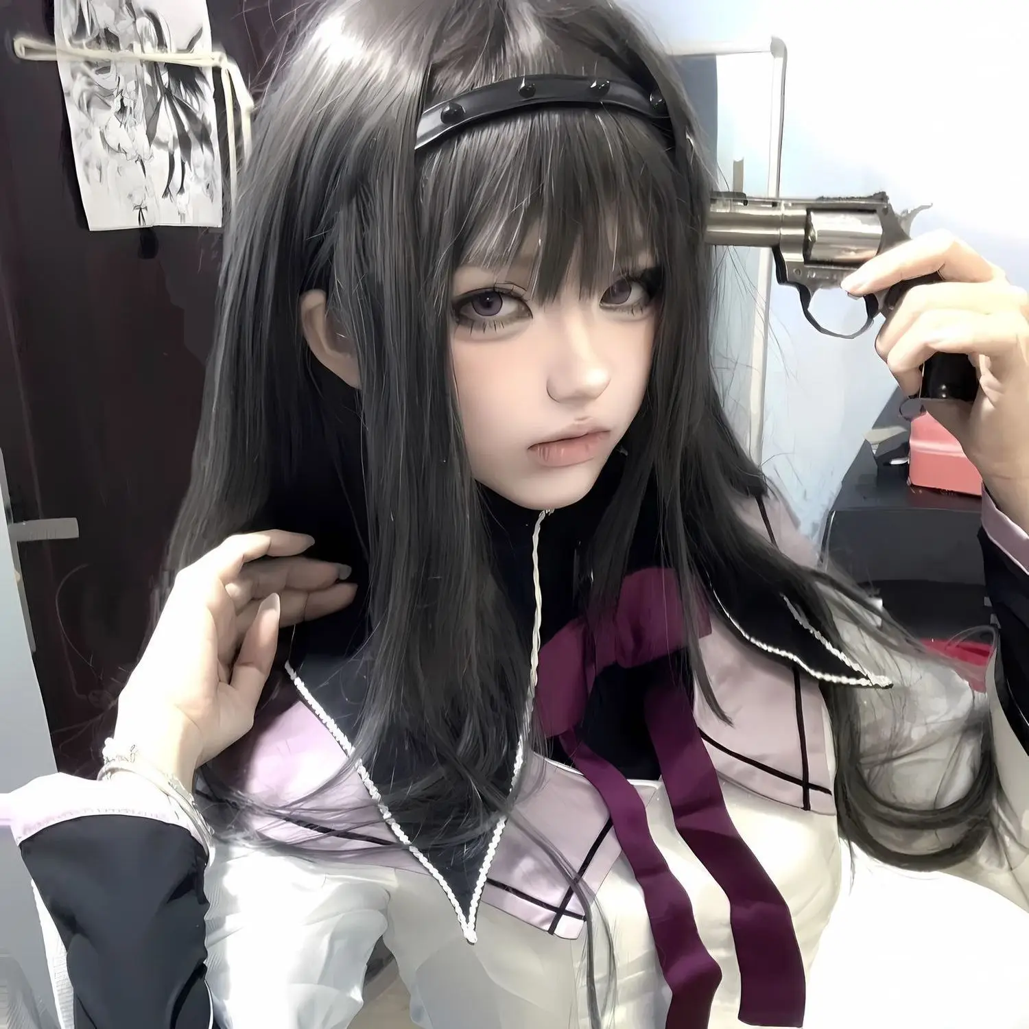 Peruca cosplay Puella Magi Homura Akemi |   Peruca completa extra grossa Jet Black para fotos de convenção