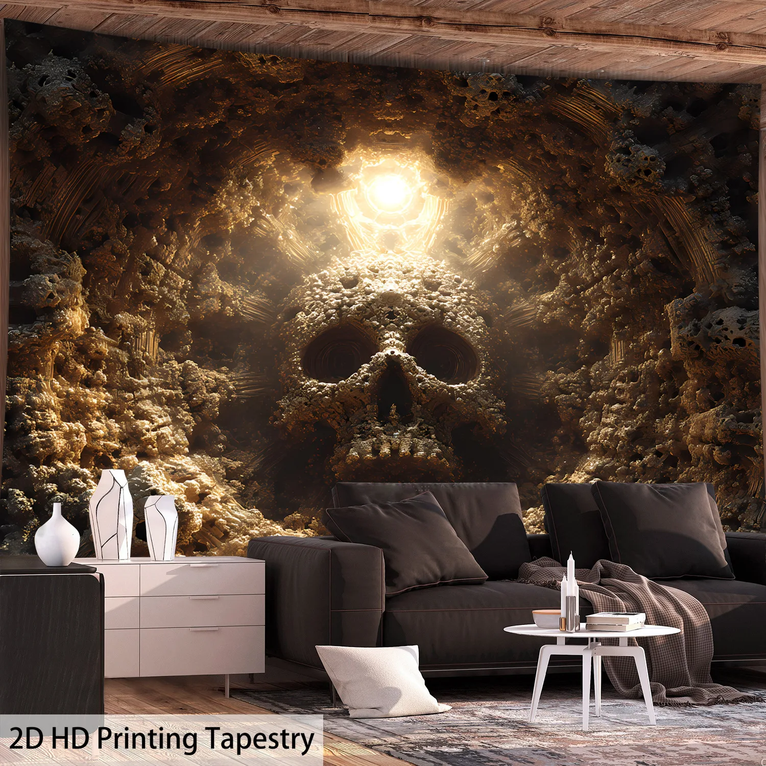 Cinematic Prehistoric Skull Skeleton Tapestry Wall Art Large Decorative Hanging Print for Living Room Ocean Cave Style Home