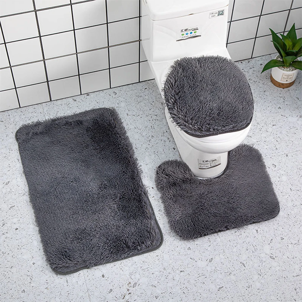 3pcs/set Premium Plush Bathroom Mat Wide Application Fine Stitching Non-shedding Soft Elastic dark grey