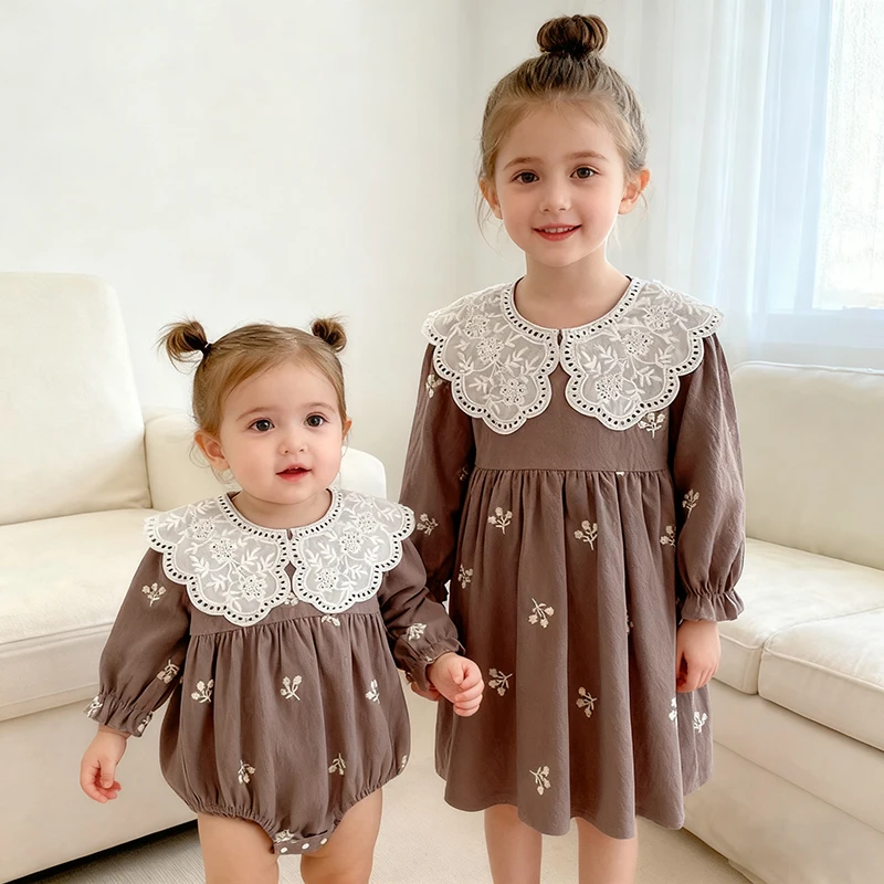 2023 neue Herbst Kinder Prinzessin Kleid Mädchen Party Kleid Mit Langen Ärmeln Revers Blume Stickerei Baby Strampler 2-6Yrs Kinder Kleidung