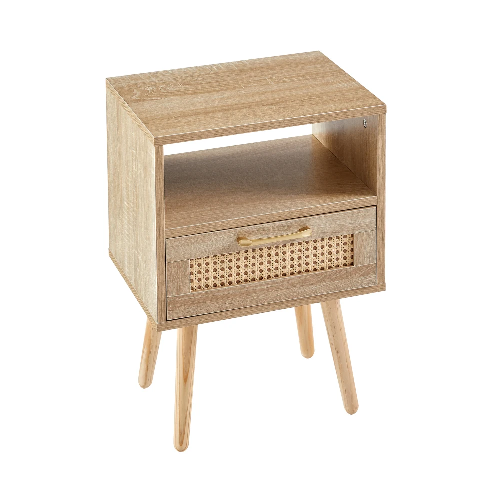 

15.75" Rattan End table with drawer and solid wood legs, Modern nightstand, side table for living room, bedroom, natural