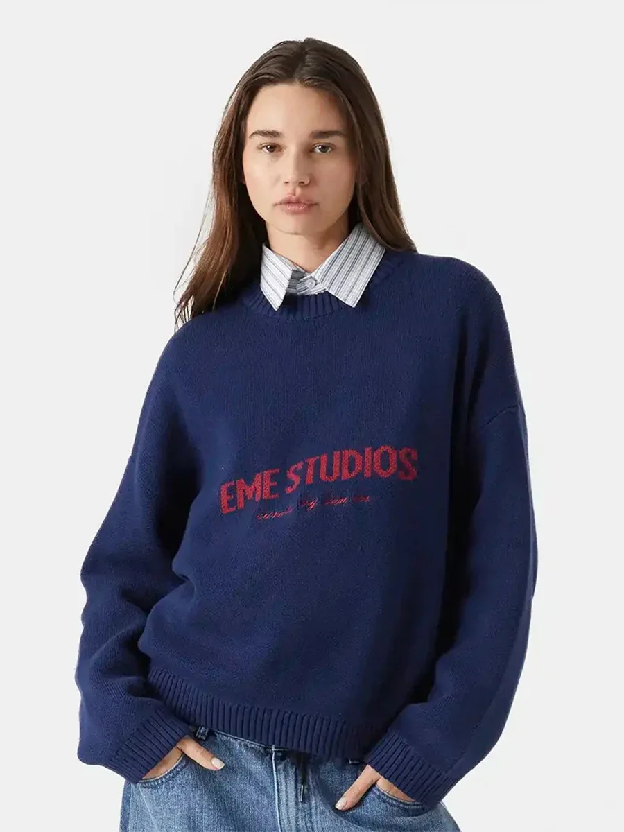 

Bornladies New Women's Knit Pullover Sweater Loose Fit Lazy Style Embroidery Design Crew Neck Yellow Color Autumn Winter Jumpers