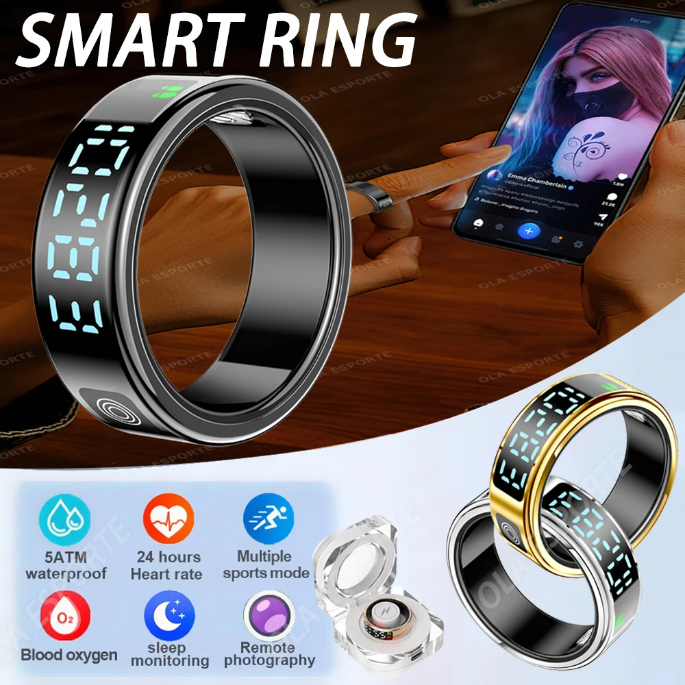 

Smart Ring with Charging Box LED Display Screen Waterproof Step Health Tracker Heart Rate Blood Oxygen Monitor Sports Smartring