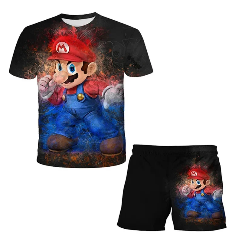 Conjunto de 2 peças para meninos e meninas, super bros, camiseta e shorts, com design dos desenhos animados, roupas infantis