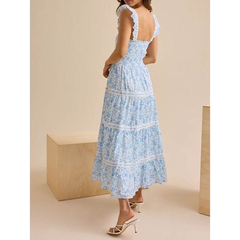 Robe camisole d'été pour femmes, imprimé floral, sans manches, col carré, longue, fluide, ligne A, pour la plage