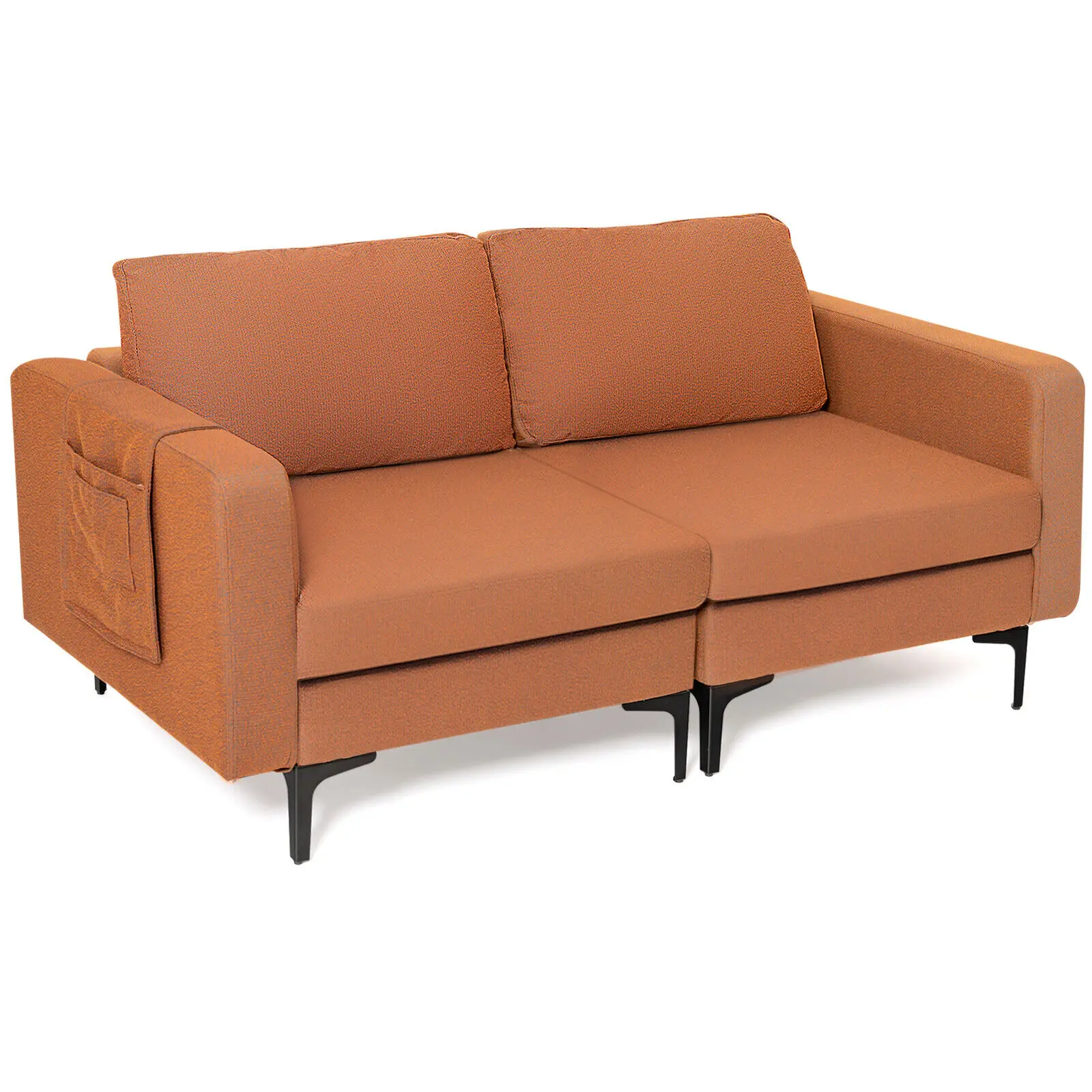 Costway Modern Loveseat Linen Fabric 2-Seat Sofa Couch w/ Side Storage Pocket Orange