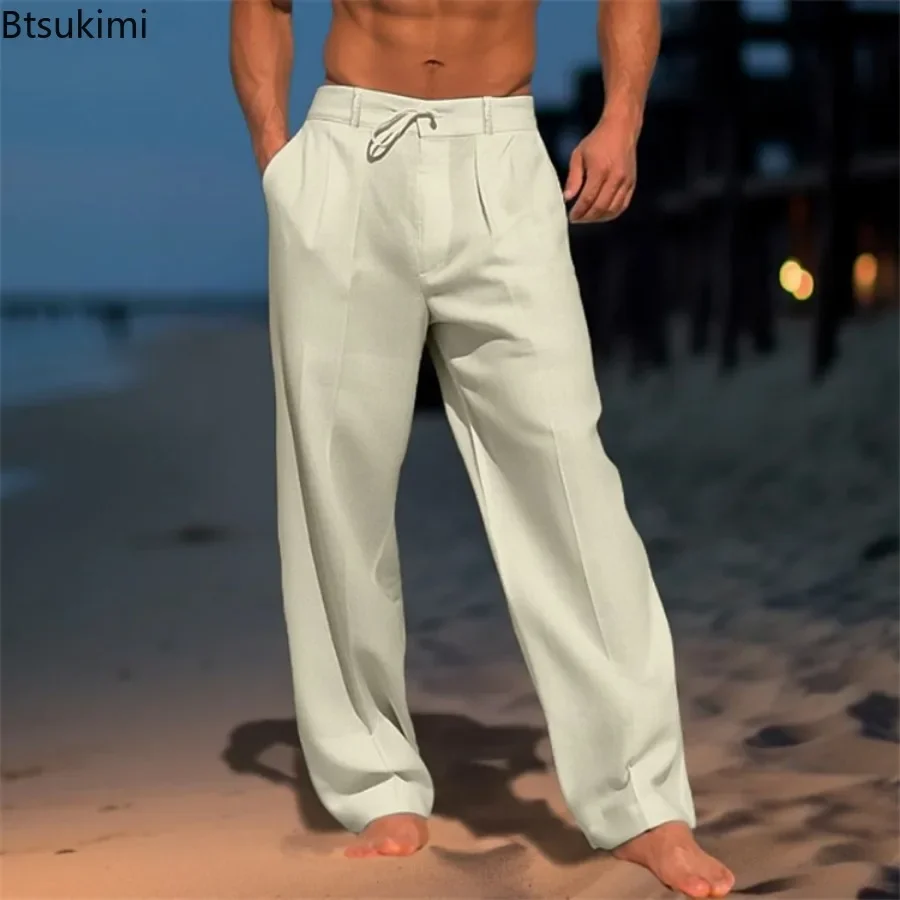 Summer Solid Cotton Linen Beach Pants Men's Fashion Loose Breathable Casual Straight Pants Simple Basic Drawstring Trousers Male