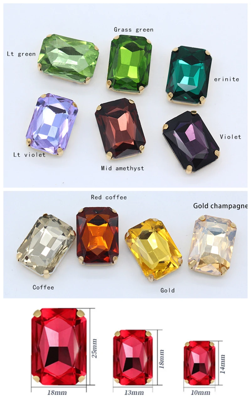 6X8mm 10X14mm 13X18mm 18X27mm Rechteckige Kristallglas-Strasssteine mit Goldfassung Sewon Edelsteine DIY Kleidungs-Nähzubehör Dekoration