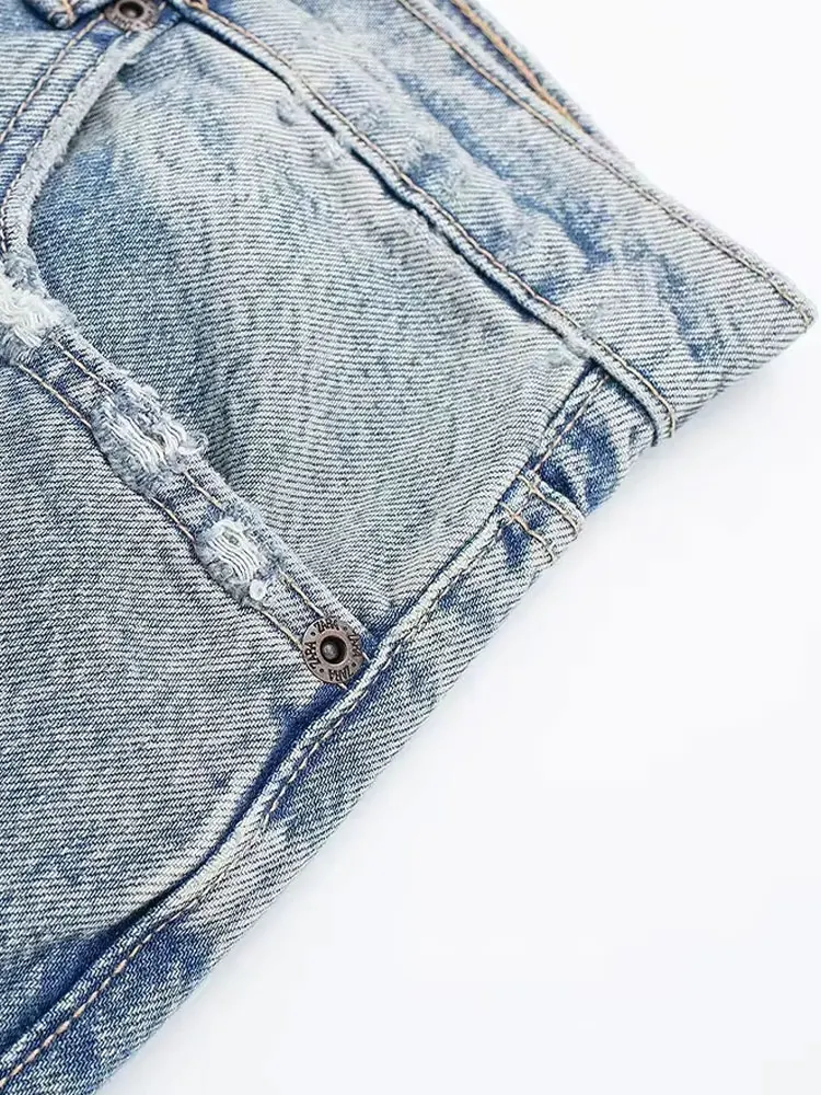 HH 2024 Vintage Denim Jeans Voor Vrouwen 2 Kleuren Hoge Taille Rits Ripped Verontruste Patchwork Causale Rechte Broek