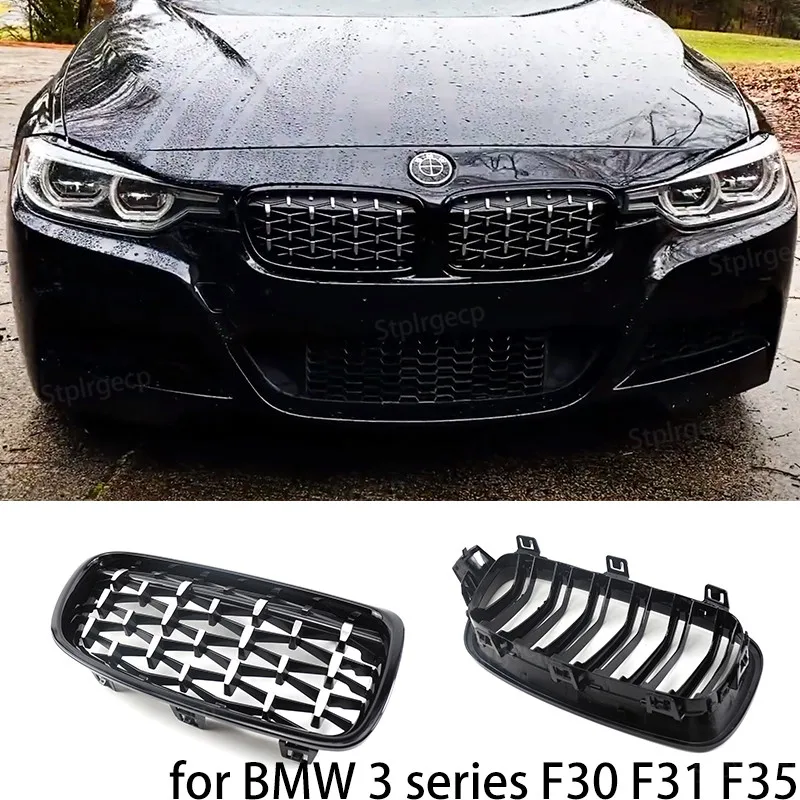 

NEW-Glossy Black Dual Slats Front Kidney Grille Chrome Diamond Grill Replacement for BMW 3 series F30 F31 F35 2011-2019