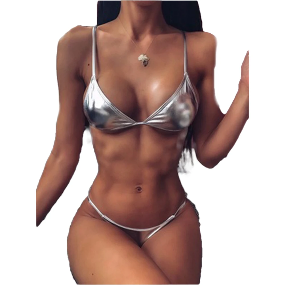 ZZLBUF-Bikini string pour femme, maillot de bain 2 pièces, soutien-gorge bandage, col licou, côté droit, string, plage, trempé