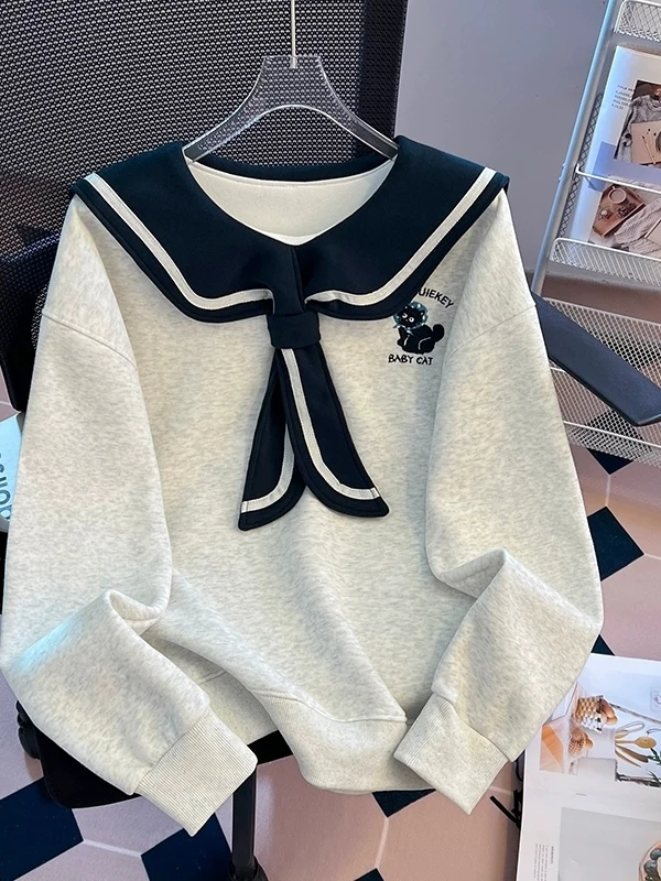 

Модный женский свитшот с вышивкой и воротником-стойкой в университетском стиле, свободный крой, осенняя новинка для студенток