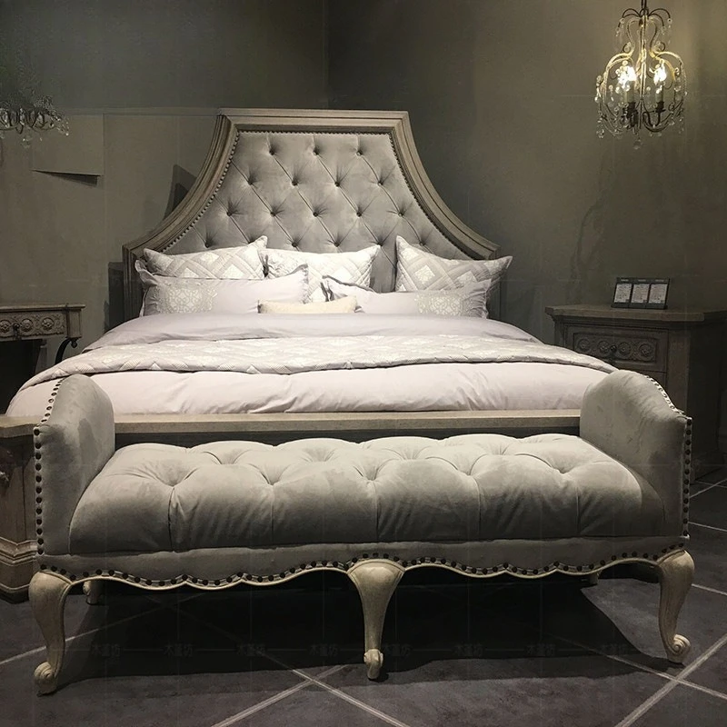 light luxury, revival old gray double bed, French country birch bed furniture