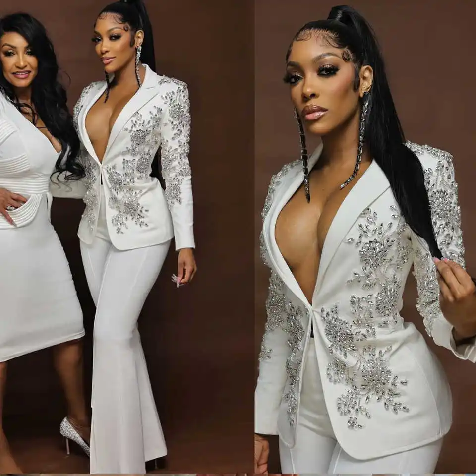 Designed One Button Women Blazer Party Dresses Celebrity Beaded Crystal Jacket Casual Flare Pants Prom Dress Customized