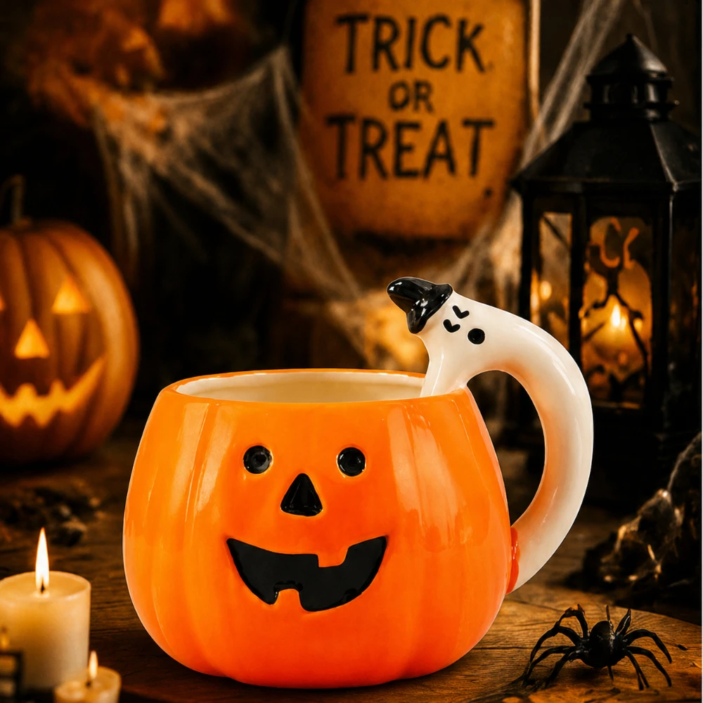 Cute Halloween Mug Pumpkin Coffee Cup Ceramic Ghost Handle Jack O Lantern Cup 430ML/14.5OZ Creative Holiday Party Gift for Home