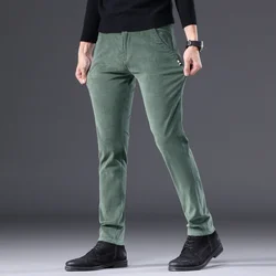 2024 Men's Army Green Coffee Vintage Corduroy Casual Straight Leg Pants Male Elastic Fit Stretch Business Middle-aged Trousers