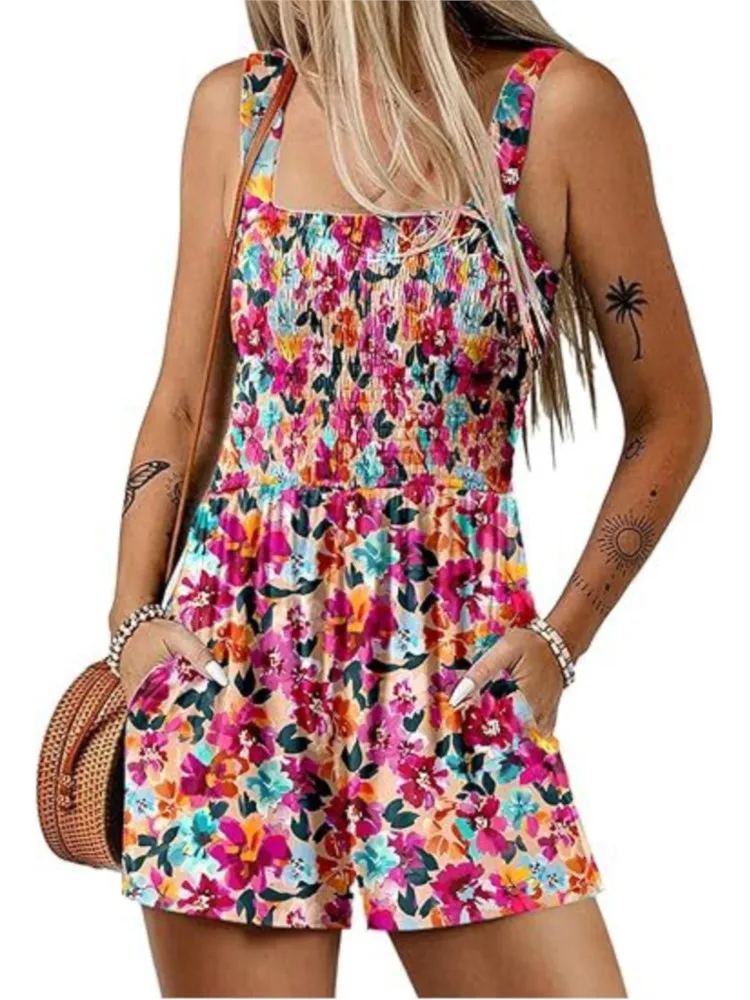 

Summer New Femmes Print Jumpsuit Fashion Boho Beach Party Jumpsuits Lady Casual Sleeveless Pockets High Waist Shorts Jumpsuits