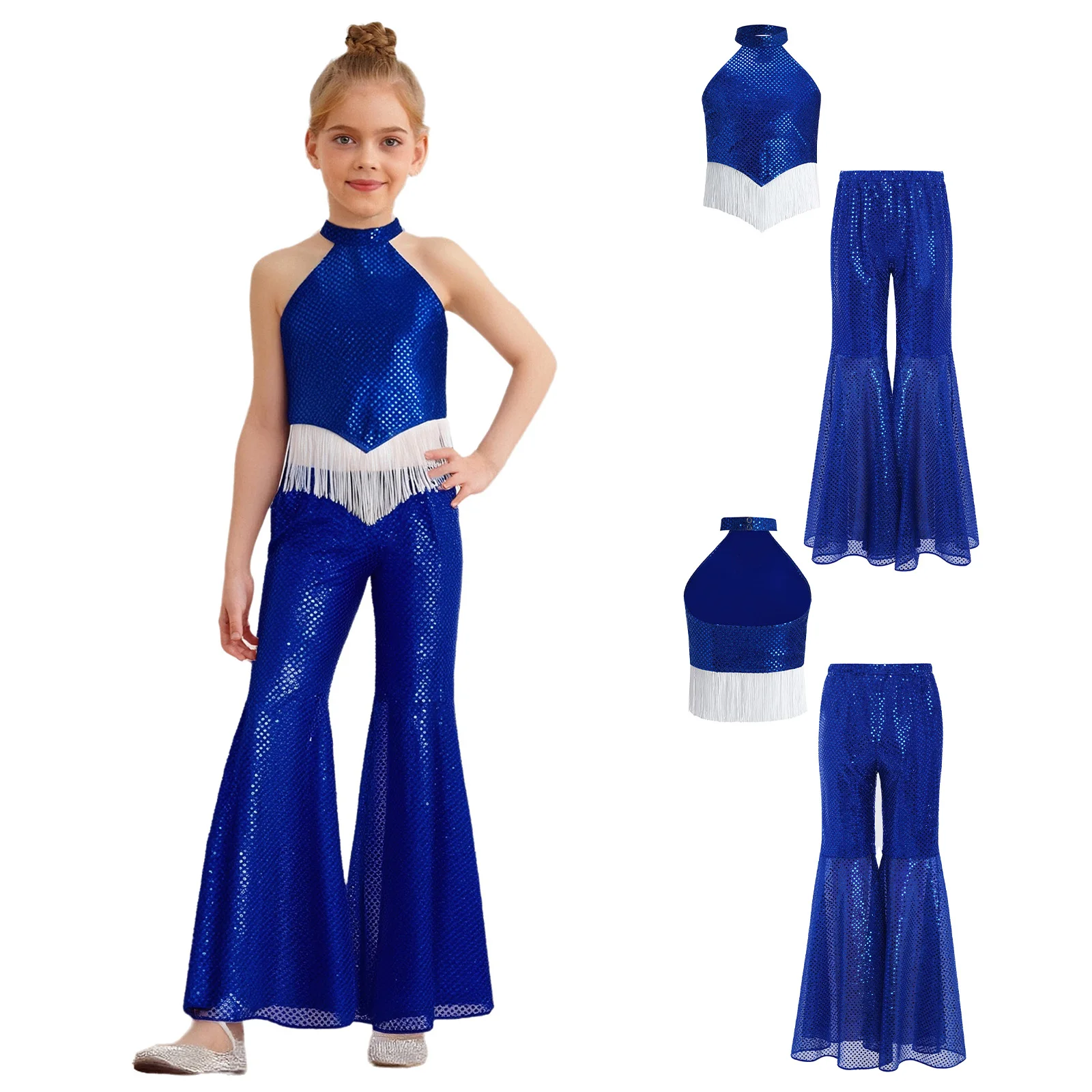 Kids Girls Fashion Jazz Waltz Tango Tap Dance Performance Costume Sequins Halter Tassels Crop Top with Flared Pants Dance Sets