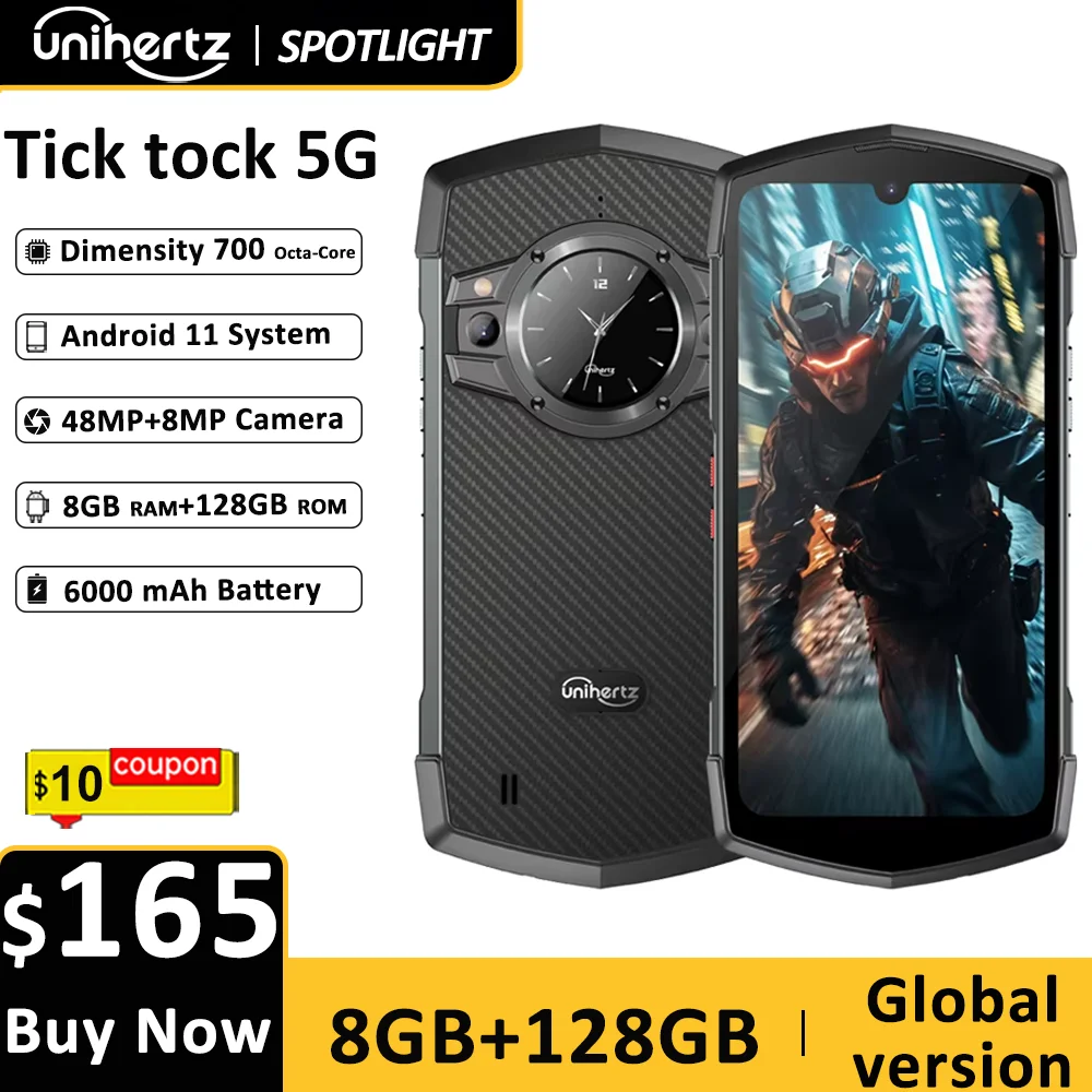 Unihertz Tick Tock Rugged Smartphone 5G 128/256GB Cellphone 6000mAh Android 6.5 inch Phone with Dual-Screen 48MP Camera IP68
