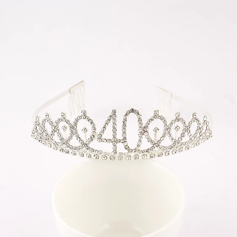 Silver 30 40 50 60 70 80 Rhinestone Birthday Tiara Crown Headband Women 30th 40th 50th 60th 70th 80th Birthday Decoration Gift