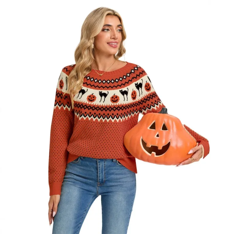 Women Halloween Black Cat Pumpkin Jacquard Knit Sweater Fashion O-neck Long Sleeve Pullover Casual Autumn Winter Holiday Jumper