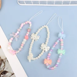 Flowers Phone Chain Strawberry Beads Pendant Charm Sweet Bowknot Hanging Rope Anti-Lost Lanyard Wrist Strap Bag Decor