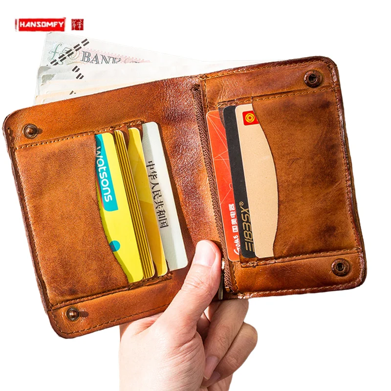 

Retro First Layer Cowhide Wallet Men and Women purse Genuine Leather Soft Leather Wallet Short Change Plant Leather Card Holder