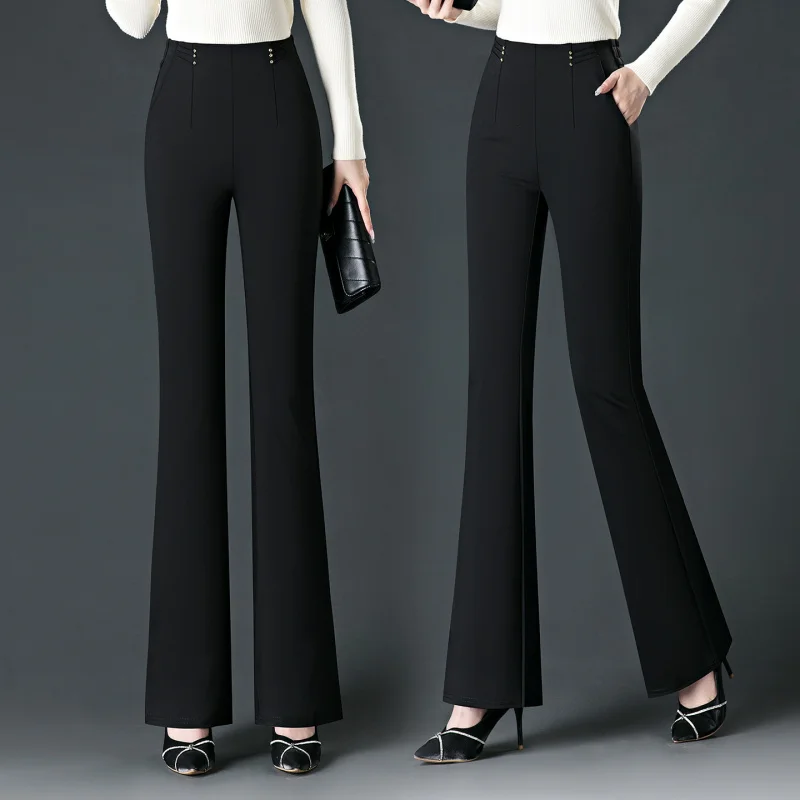 سروال أسود جديد للخريف للنساء، خصر مرن للتخسيس قابل للتمدد، مقاس كبير، سروال جرس سفلي متعدد الاستخدامات لمنتصف العمر