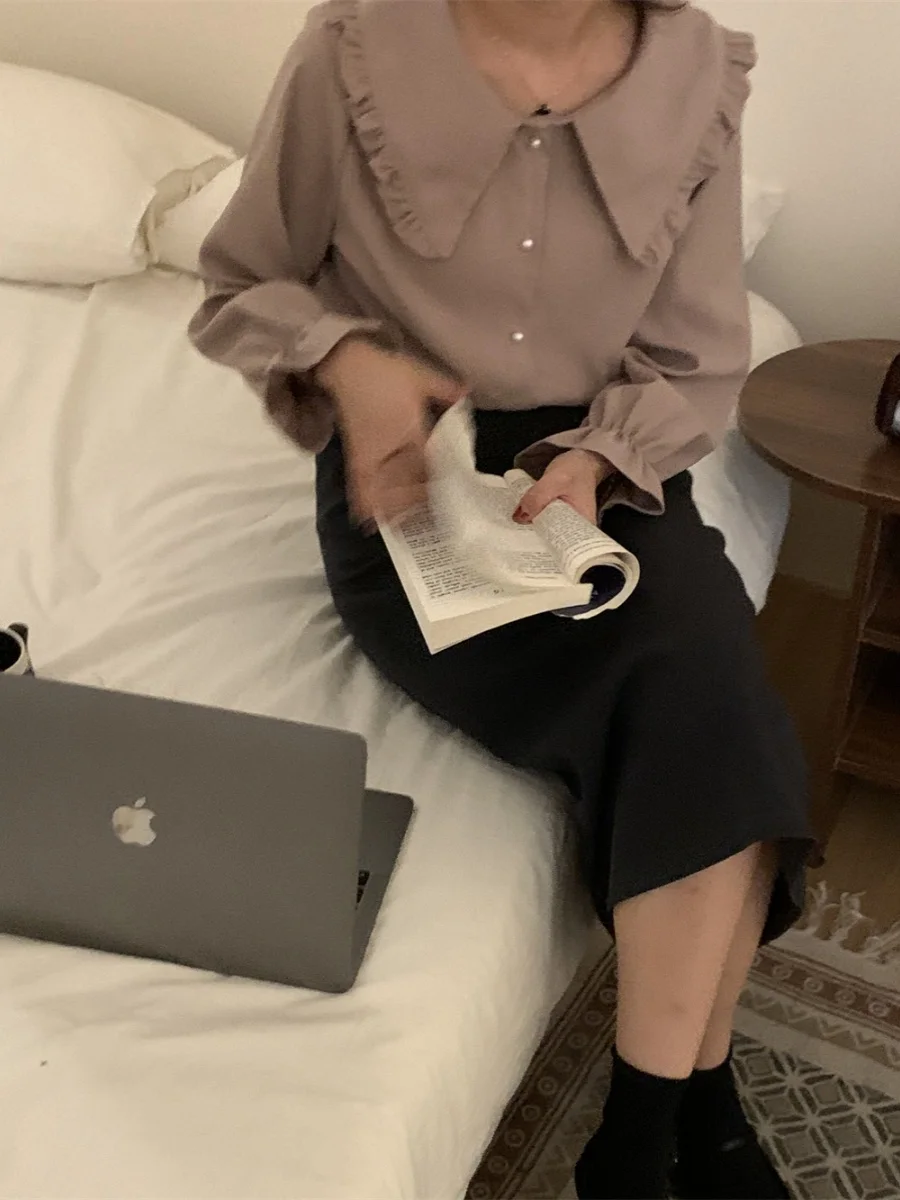 캐주얼 롱 스웨터 진주 단추 로터스 칼라 꽃봉오리 스웨터 다용도 개성 출퇴근 올매치 단색