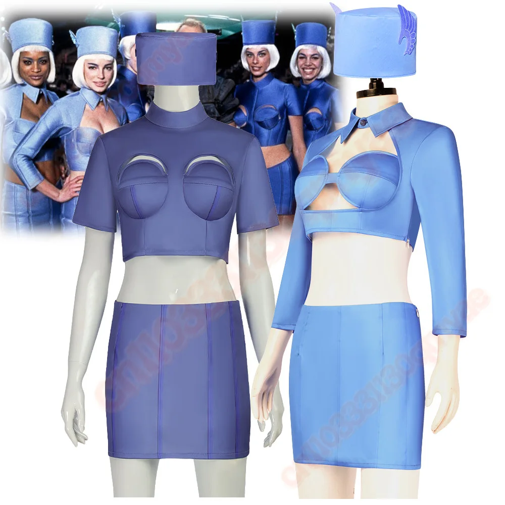 

The Fifth Element Cosplay Blue Uniform Dress Waiter Costume Adult Women Vintage Airline Stewardess Halloween Fashion Sexy Set