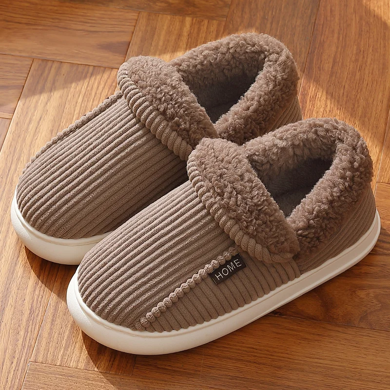 Plus Size 48-49 Winter Couple Style Solid Color Wrap Heels Plush Slippers Non-slip Warm Women Men Home Cotton Shoes