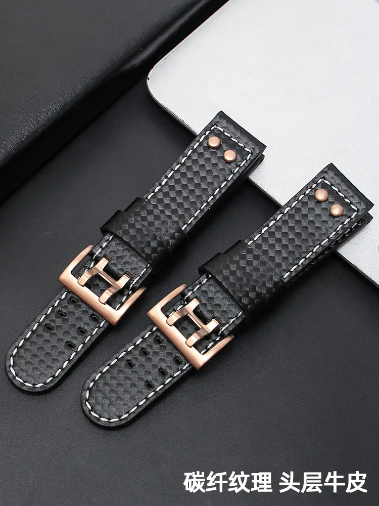 Leather Watch Strap Suitable for Hamilton H77696793 Khaki Aviation Series Carbon Fiber Textured Bracelet 22mm