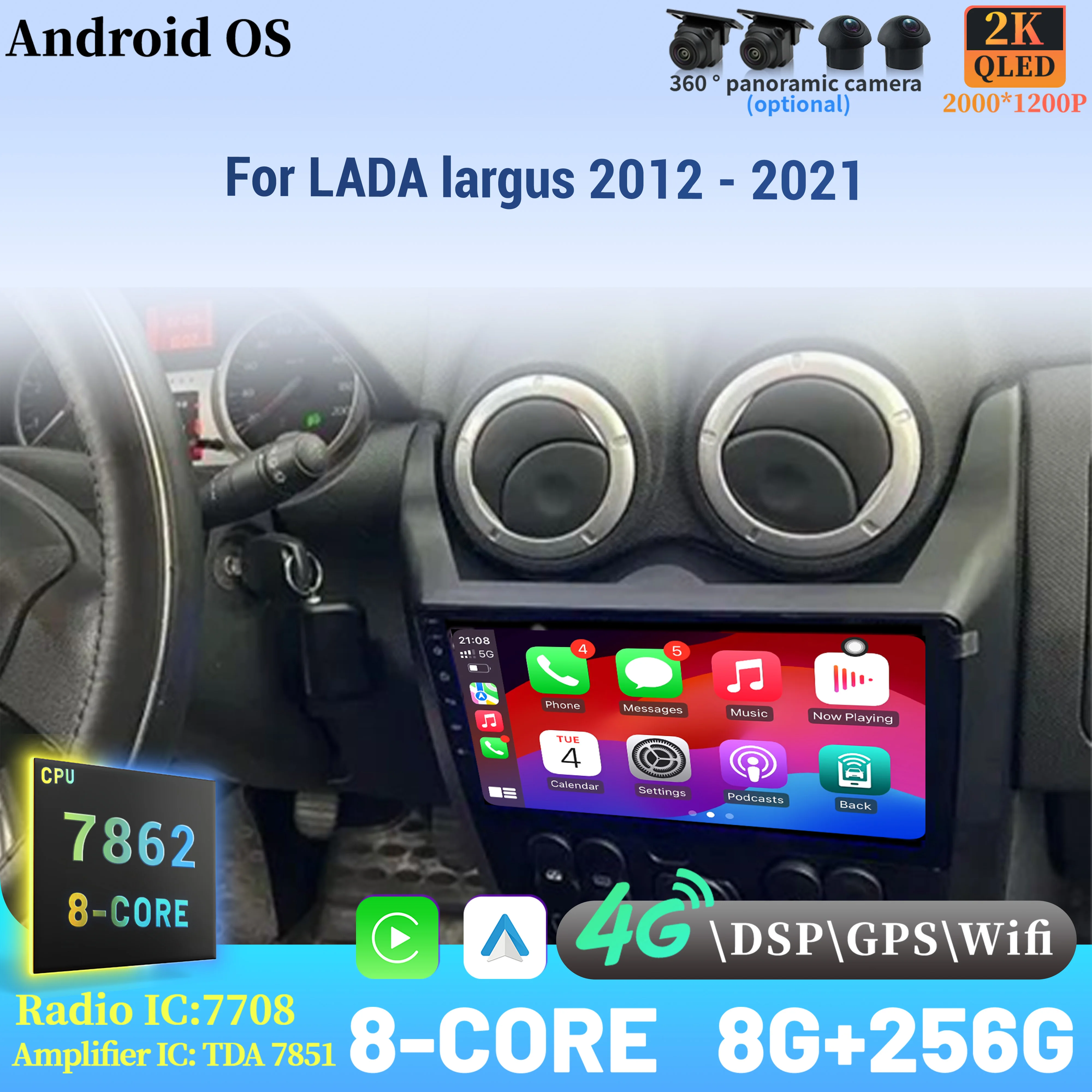 

Android 14 Radio Car Multimedia Player 7862 8+256 radio Touch 2K QLED Screen For LADA largus 2012 - 2021 Wireless BT CarPlay