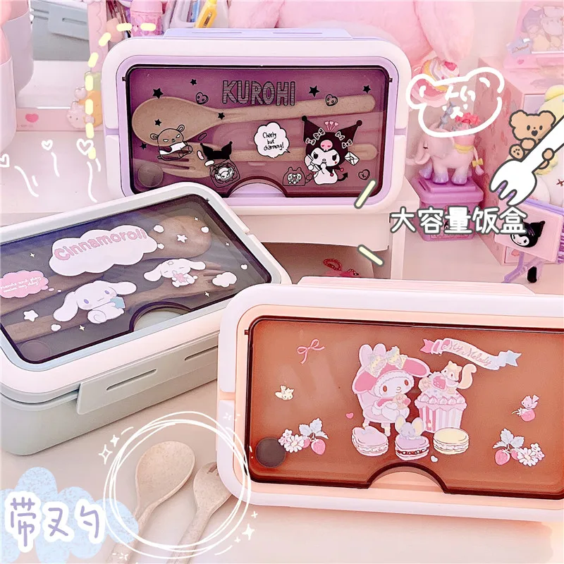 Kawaii Cinnamoroll My Melody Kuromi Large Capacity Lunch Box for Students Anime Sanrioed Double Layer Lunch Box with Cutlery