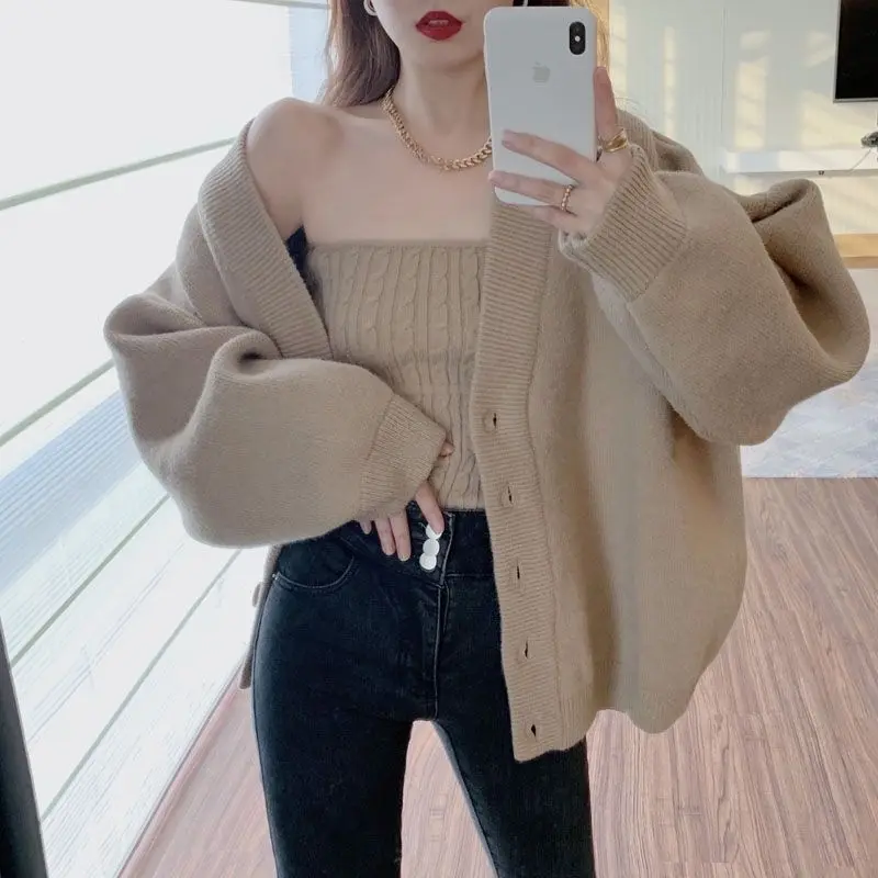 Autumn and Winter High End Explosive Soft Glutinous Milk Sweater Coat Women\'s Bra Knitted Cardigan Casual Two Piece Set