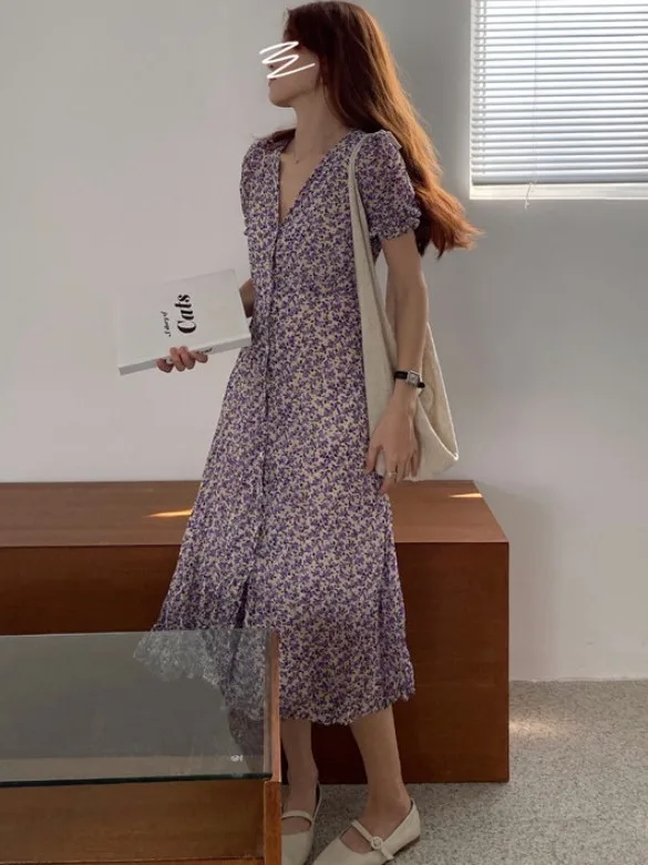 

Romantic Chic Summer V-Ne Single Button Asymmetrical Hem Midi ort Sve Women's Chiffon Dr Ele Faionable