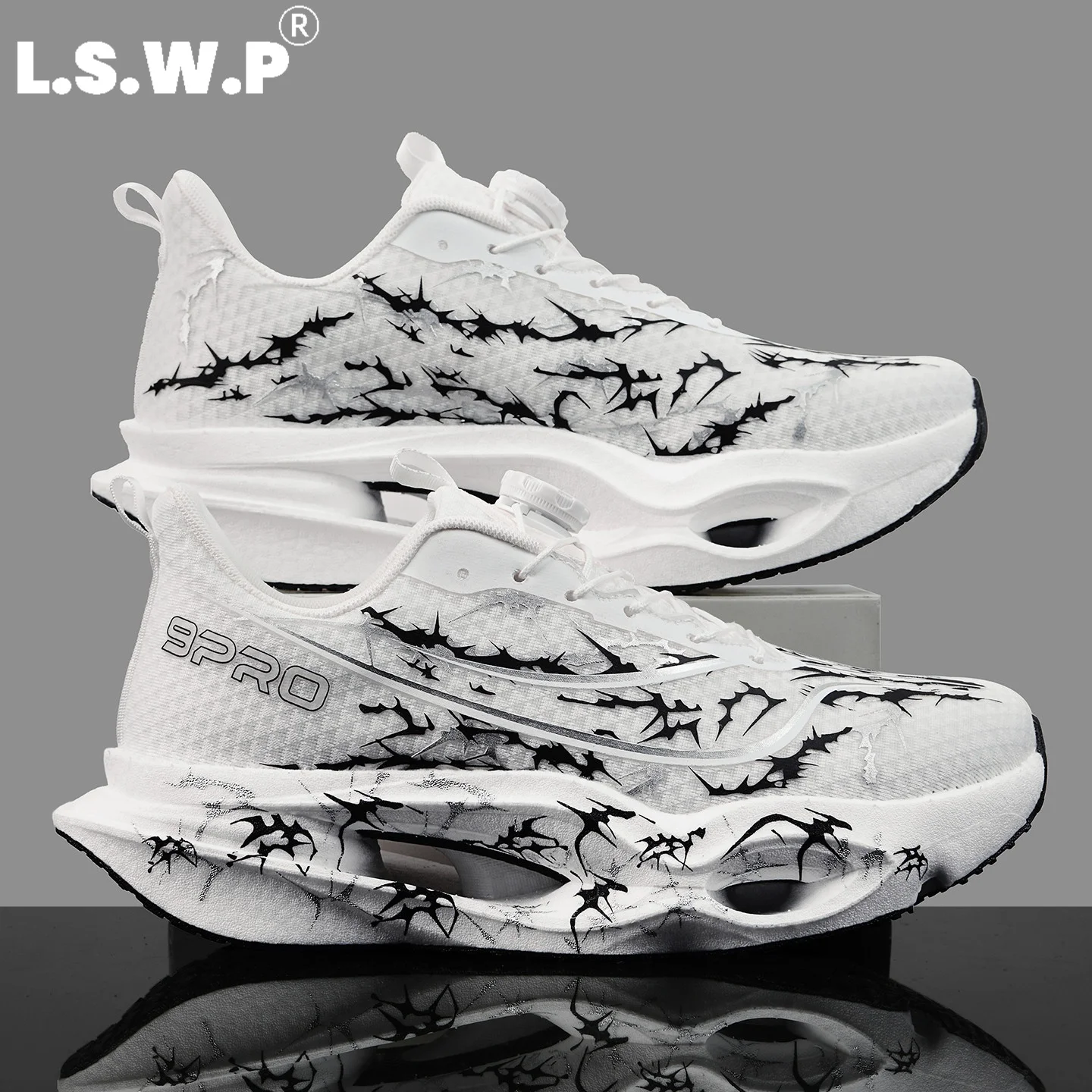 Men's Running Shoes, Tennis Shoes, Four-Season Trendy Knob-Lock Carbon Plate Running Shoes, Personalized Thorn Print Mesh Breathable Sports Shoes, Hollow-Out High-Rebound Thick-Soled Running Shoes, Non-Slip Wear-Resist