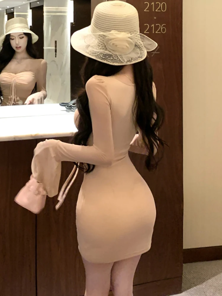 Outono inverno malha sólida plissado bodycon vestido curto feminino manga longa arco gola quadrada vestido sexy 2025 vestidos elegantes coreanos