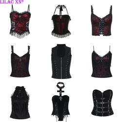 Goth Sexy Spitze Korsett Crop Tops Camis Y2K Harajuku Ästhetische Schwarz Rot Kreuz Grundlegende Tank Top Sommer Frauen Grunge Emo Streetwear