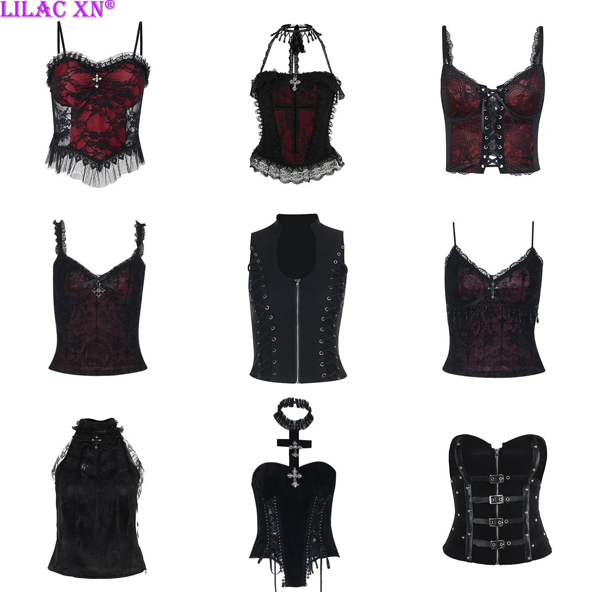 Goth Sexy Lace Corset Crop Tops Camis Y2K Harajuku Aesthetic Black Red Cross Basic Tank Top Summer Women Grunge Emo Streetwear