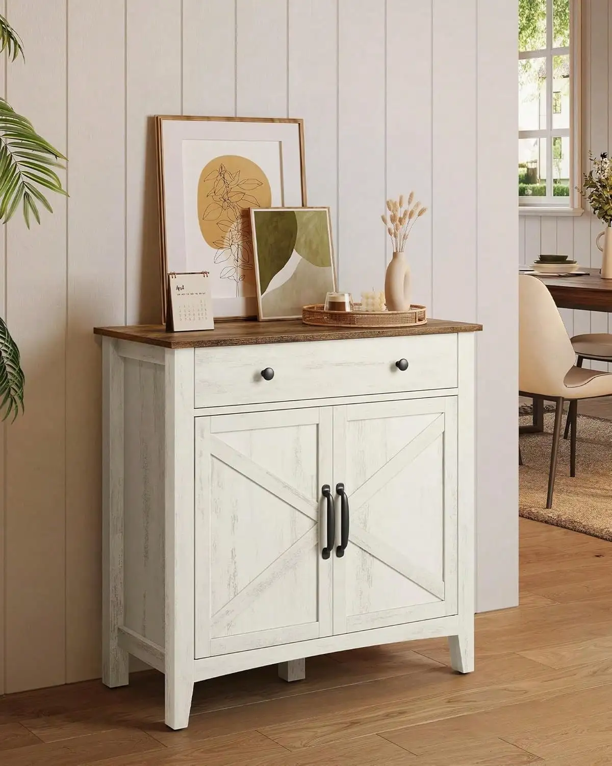 Rustic White & Honey Brown Farmhouse Sideboard Buffet Storage Cabinet Built-In Single Drawer With Detachable Drawer Divider, Freely Adjustable Inner Shelf & Reserved Cable Hole Multi-Purpose Coffee Bar Station For Kitchen Dining Room Entryway Home BeHome
