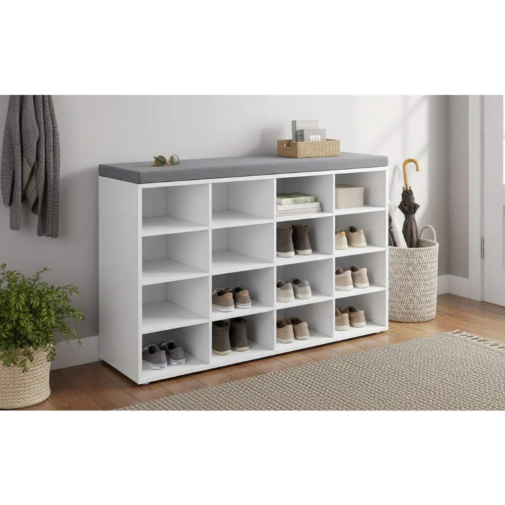 

Скамья для хранения обуви на 16 кубиков с подушкой, регулируемыми полками, многофункциональный органайзер для прихожей и гостиной, белый