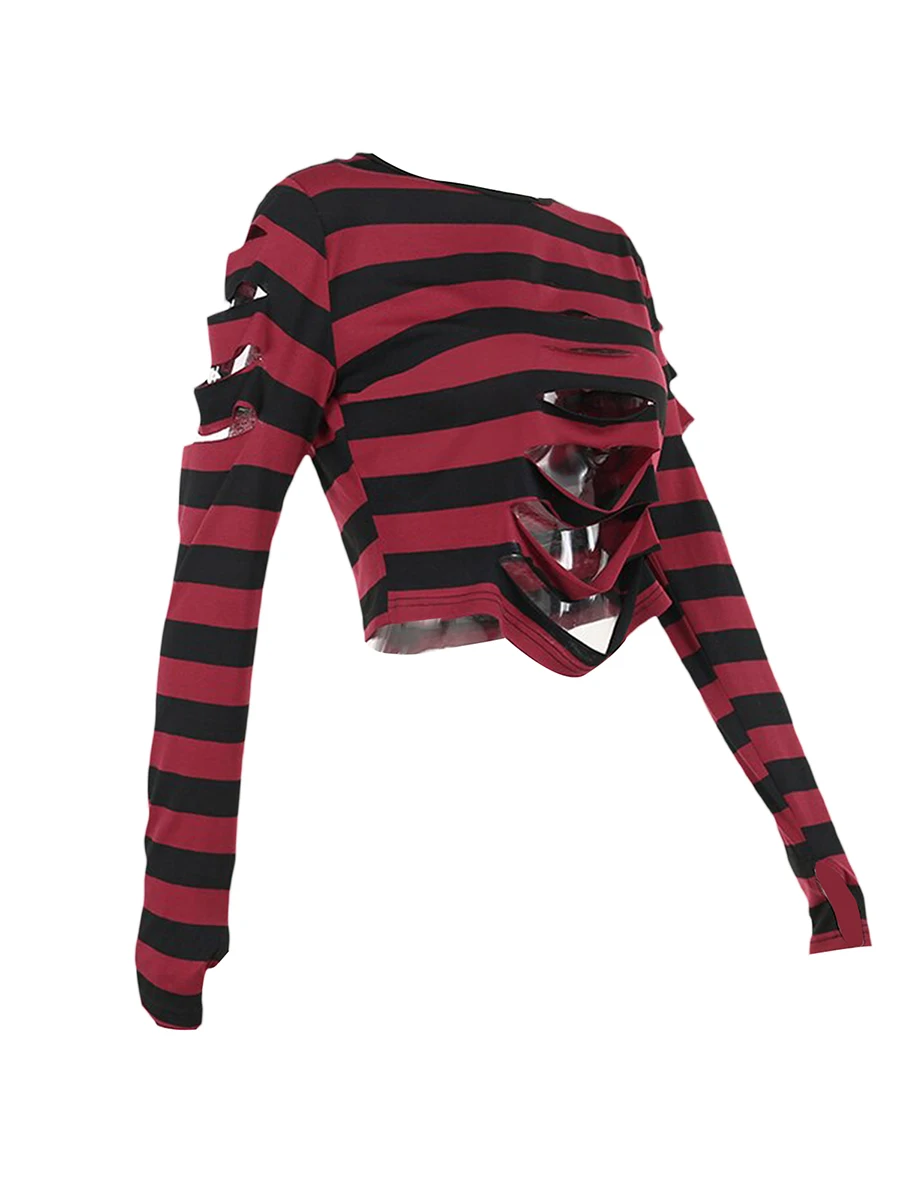 Women Ripped Crop Tops Gothic Long Sleeve Round Neck Striped Print Loose y2k Grunge Loose Pullover T-Shirts Halloween Costume